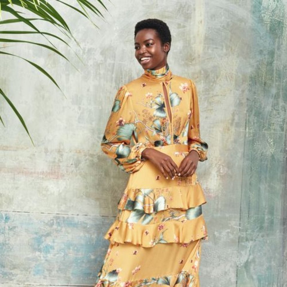 NWT Johanna Ortiz x H&M Yellow Patterned Maxi Dress with Scarf Collar Size 0